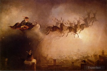For Kids Painting - Santa Claus deliver Christmas gifts at night on sled reindeer William Holbrook Beard